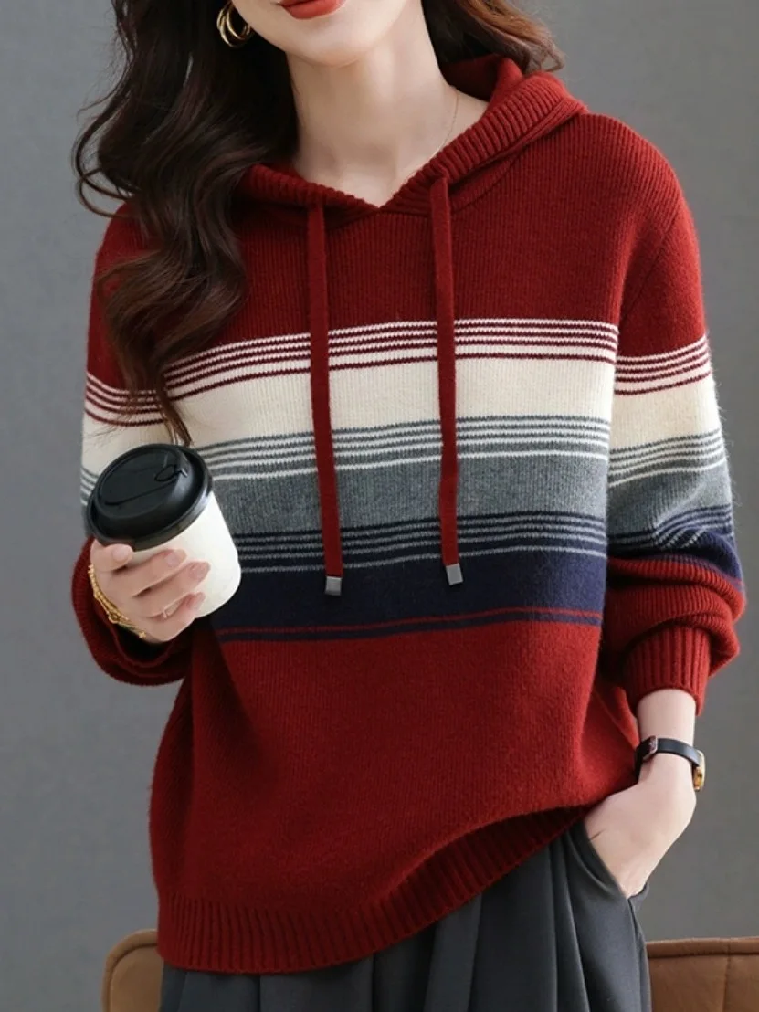 Pull en laine à rayures décontracté, grande taille, confortable, doux, haut tricoté, haut de gamme, européen pour femmes