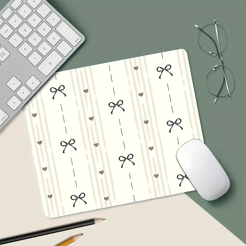Cute Heart Bow Mouse Pad, Beige Striped Coquette Desk Mat, Non-Slip Office Decor