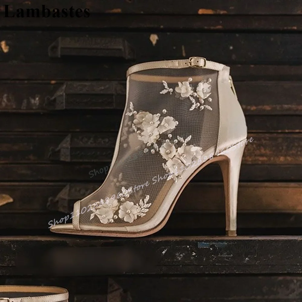 

White Air Mesh Buckle Strap Flower Sandals Thin High Heel Shoes For Women Back Zipper Peep Toe 2025 Fashion Zapatos Para Mujere