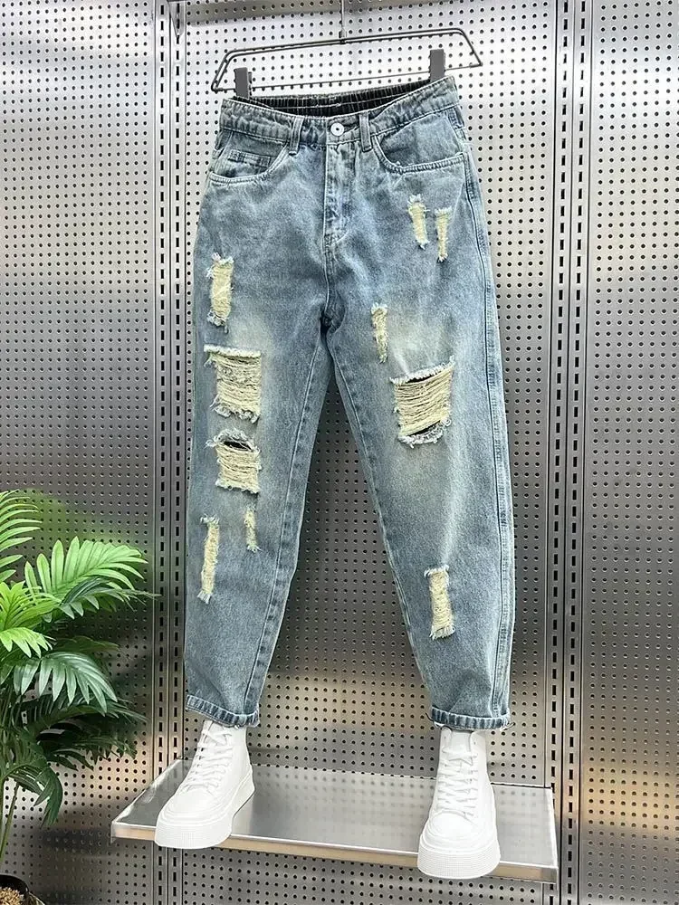 Trousers Stretch Broken Elastic Male Cowboy Pants Harem Jeans for Men Ripped with Holes Torn Luxury Clothes Y2k 2000s Trend 2024