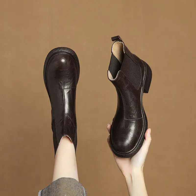 كرازينغ وعاء كبير الحجم جلد الغنم حذاء بكعب سميك منصة الحديثة تشيلسي الأحذية عادية الشتاء الخريف الراحة Vintage النساء حذاء من الجلد