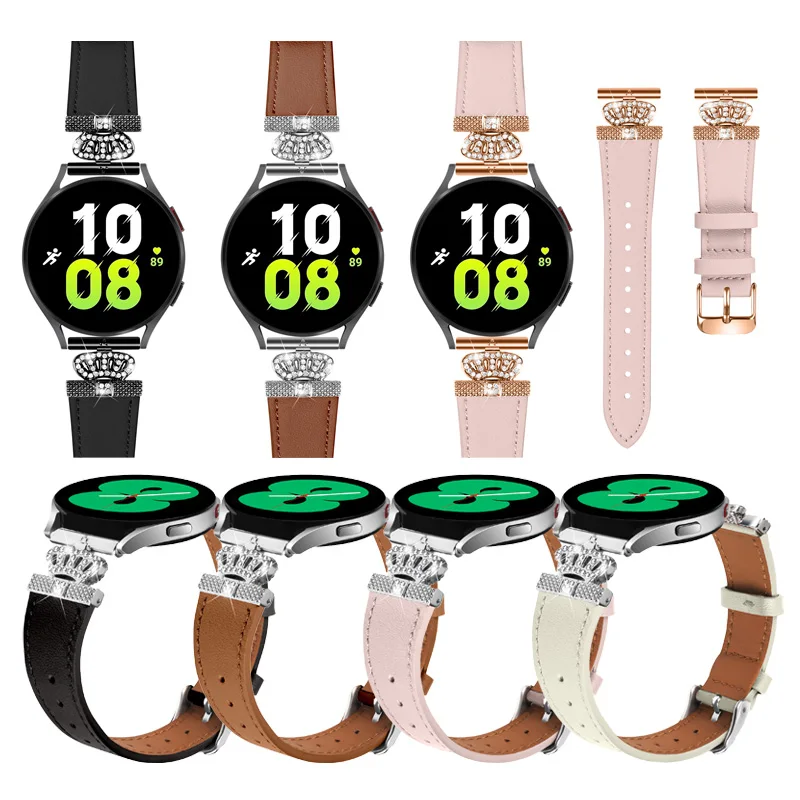 

Ремешок кожаный для Samsung Galaxy Watch 6 5 Pro 5 4 44 мм 40 мм, браслет с металлической короной для Samsung galaxy Watch 4 Classic, 20 мм