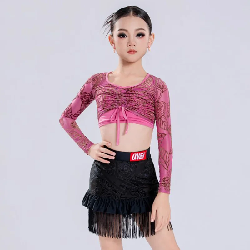 ชุดเต้นลาตินสำหรับเด็กผู้หญิง เสื้อพิมพ์ลายผูกเชือกและกระโปรงพู่สำหรับฝึกซ้อม ชุดเต้นรำบอลรูม รุมบ้าสำหรับเด็ก
