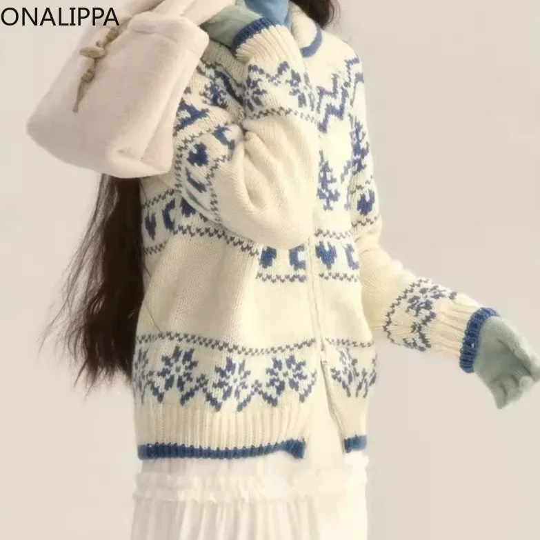 Onalippa Christmas Tree Snowflake Jacquard Sweater Contrast Zipper Peter Pan Collar Cardigans Korean Casual Knitted Cardigan