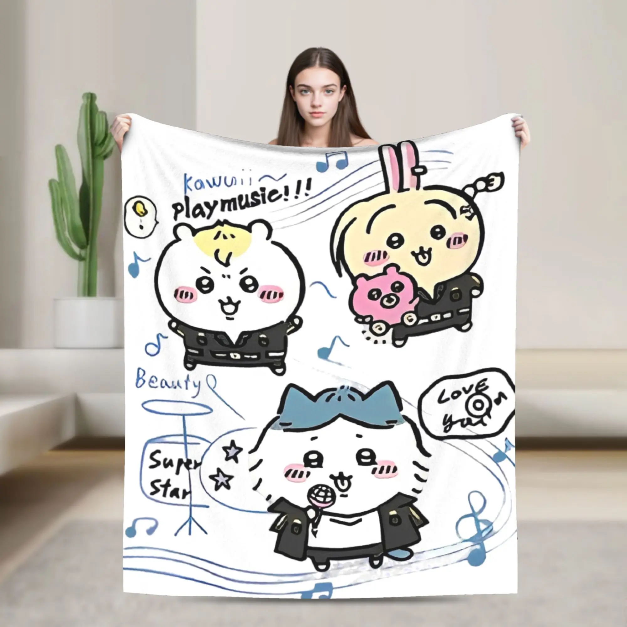 Chiikawas Usagi Music Flannel Blanket  Funny Throw Blankets for Bed Sofa Couch 125*100cm Quilt,