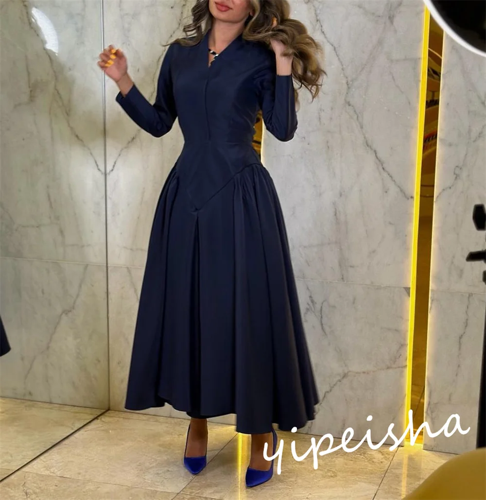 Customized Simple V-neck A-line Anke Length Prom Dresses Draped s Formal Occasion Gown quinceanera dresses فستان سهرة نسائي اعرا