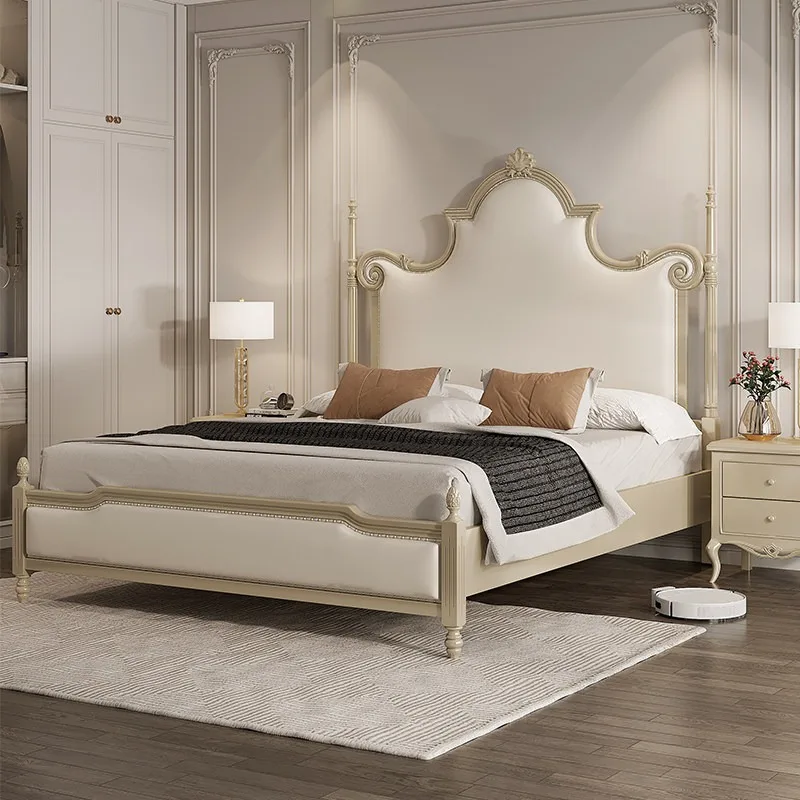 American light luxury solid wood bed 1.8m European modern simple master bedroom French double 1.5m pillar leather wedding bed