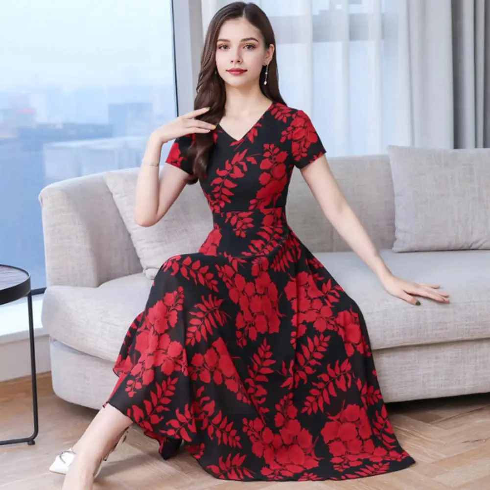 Summer Women Midi Dress Lelegant V-Neck Short Sleeve Waist Tight Casual Dress Leaf Printed Flowy Hem Office Dress For Dating