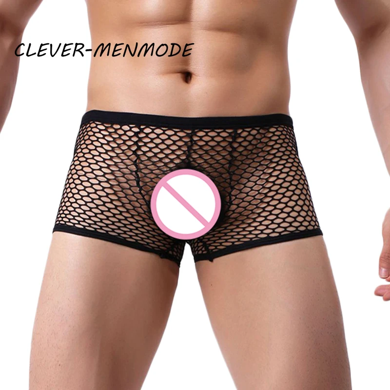 Men\'s Sexy Underwear Breathable Mesh Hollow Out Boxer Shorts U Convex Transparent Underpants Cueca Masculina Lingerie Trunks