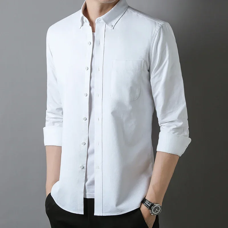 New in shirt 100%cotton oxford long-sleeve shirts for man slim fit formal plain shirt fashion plaid strioed office white clothes