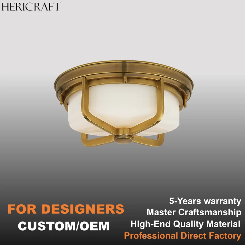 

Practical Hot Sale Brass Flush Mount Cage-Style Glass Ceiling Light For Bedroom Living Dining Entryway 110V
