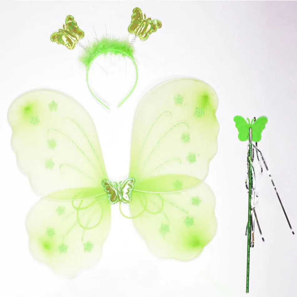 Kids Butterfly Headband Wings Wand 3 Pcs Set Girls Summer Photography Outfit Children Silk Yellow Green Purple Pink Color Props