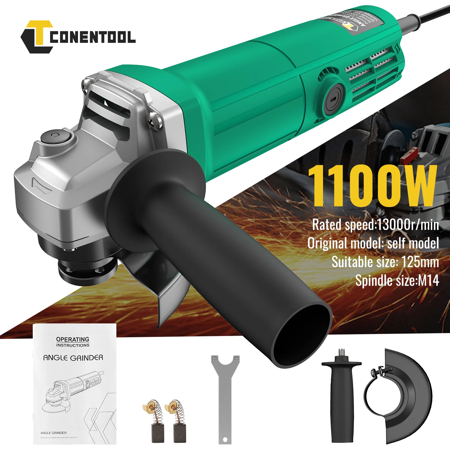 CONENTOOL NEW Electric Angle Grinder 125mm 1100W 13000rpm Metal Wood Power Tools Plug-in Cutting Machine Corded Grinder 240VF