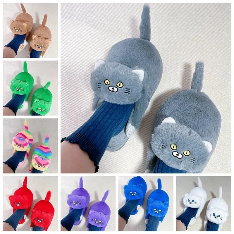 Kawaii Hug Cat Slippers Plush Toys Women Men Winter Home Slides Cute Floor Shoes Furry Slippers Girl White Mules Funny Xmas Gift