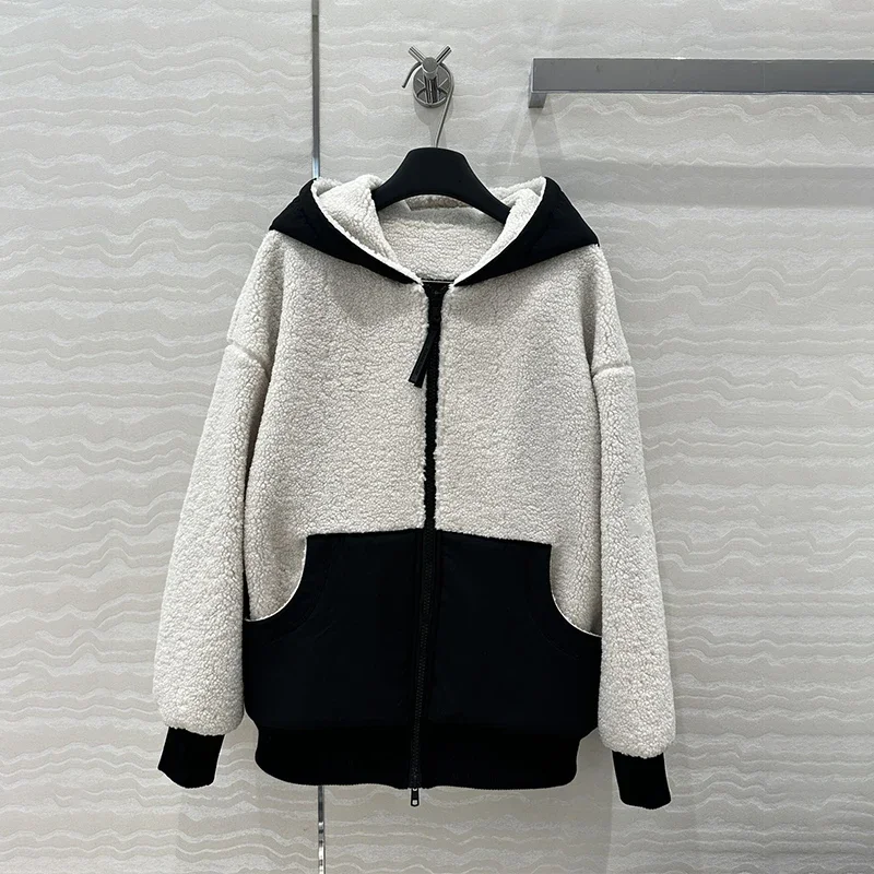 2024AW New Outerwear Retro Splicing Color Collision Hooded Sweatshirt Women's Coat Thickened Cotton Jackets Woman's Clothing