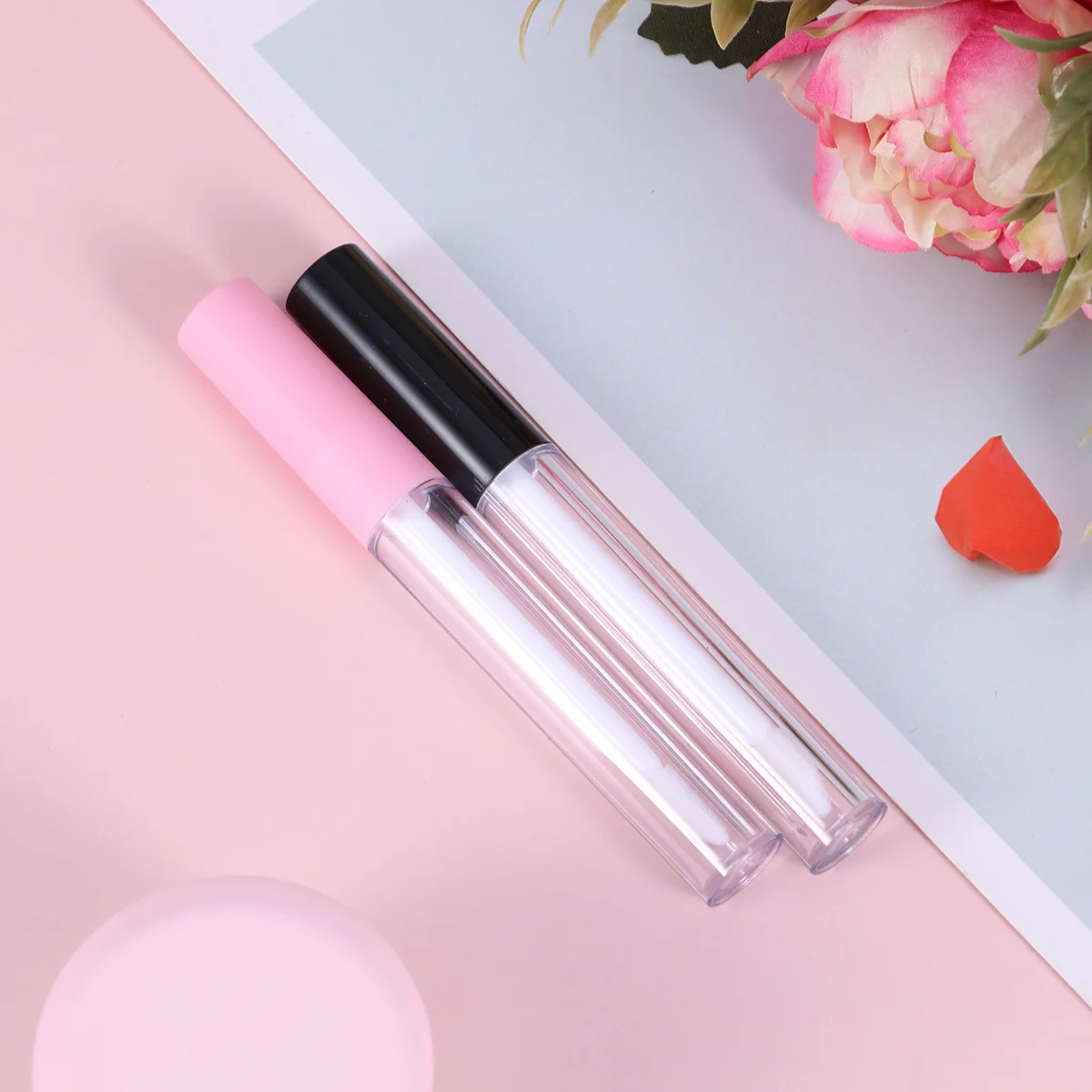10 tubi per lucidalabbra da 2,5 ml, bottiglie trasparenti per sottoimballaggio labbra, contenitori da viaggio, 5 coperchi rosa, 5 coperchi neri