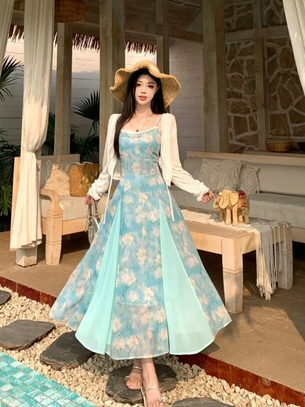 

Новая женская летняя юбка А-силуэта с цветочным принтом, романтическим дизайном, завышенной талией, приталенная, в корейском стиле, больших размеров