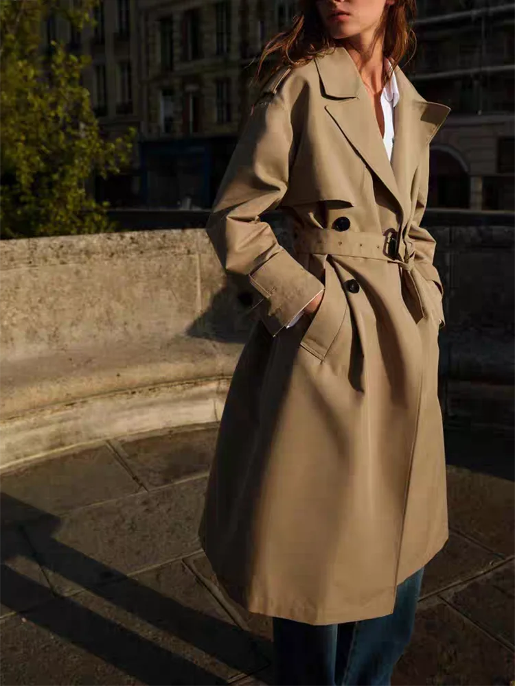 Autumn 2025 New Women's Long Double-breasted Coat with Stand Collar Slit Waist Belt Faionable Ele Ethnic Sle