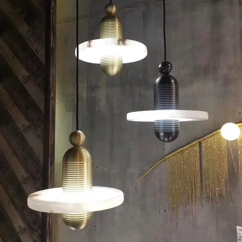 Modern Designer Artificial Alabaster Pendant Light Ribbed Metal Hanging Lamp Single Pendant Lamp for Kitchen Island Bedroom Cafe