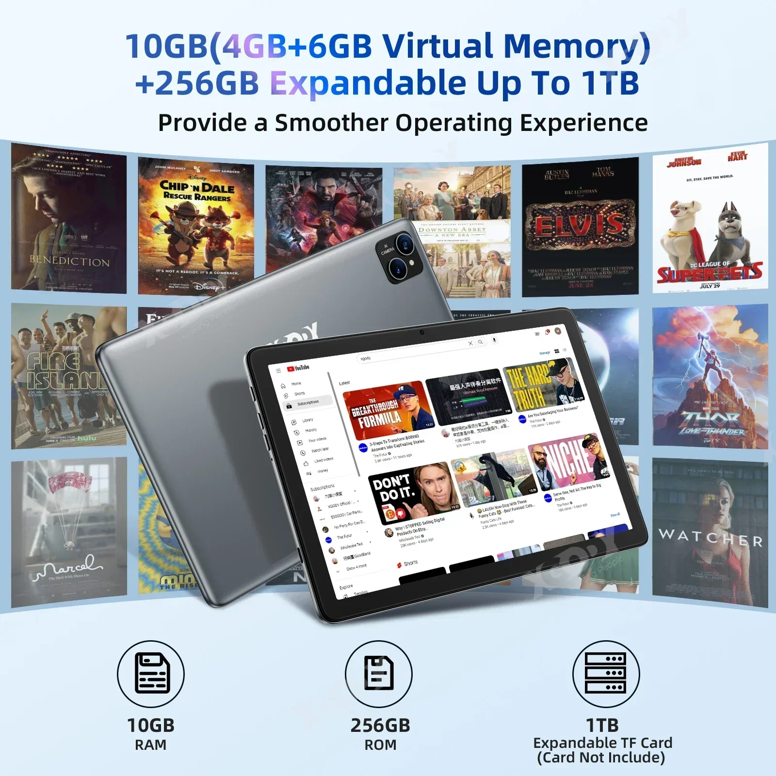 XGODY Tablet Android octa-core layar IPS, Tablet 10 inci IPS 10GB 256GB PC ultra-tipis 5GWiFi Bluetooth tipe-c 7000mAh dengan Keyboard