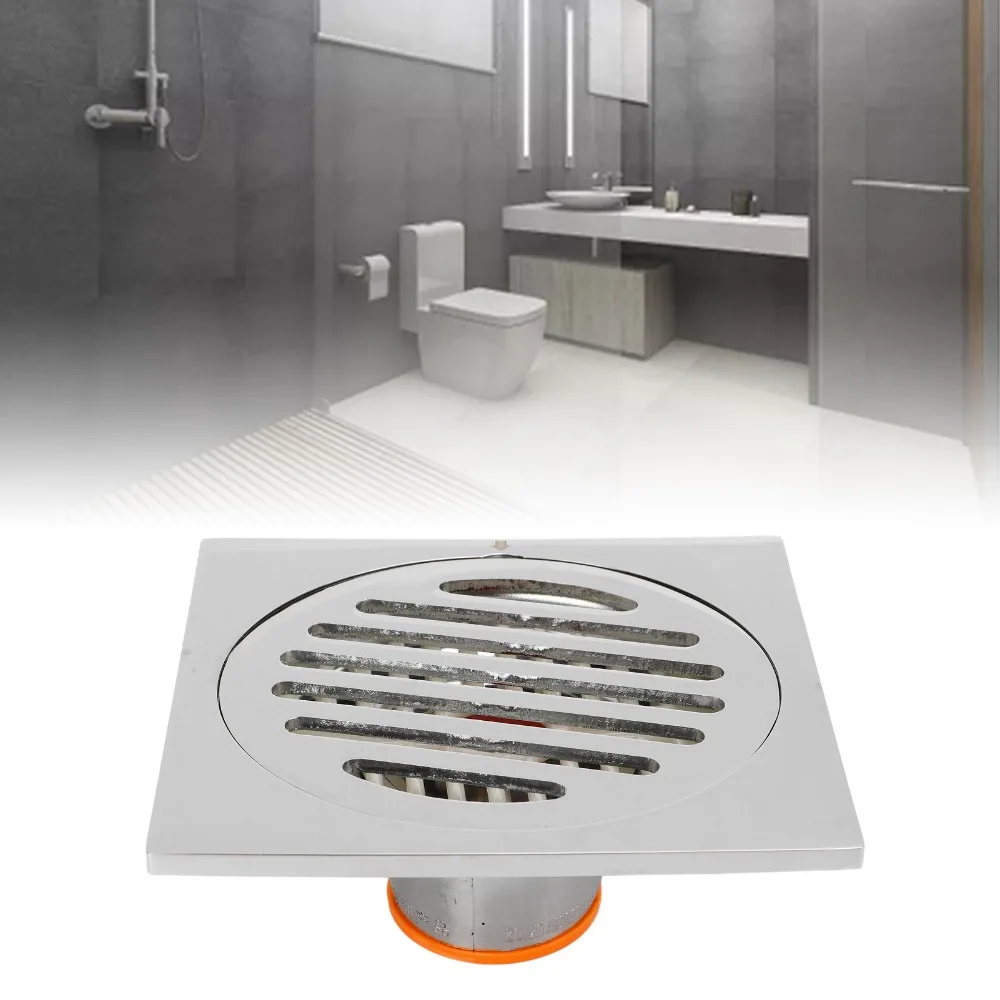 Stainless Steel Floor Drain 4 Inch Size Self-Sealing Shower Drain Square Shape Removable Hair Catcher Shower Floor Drain Balcony