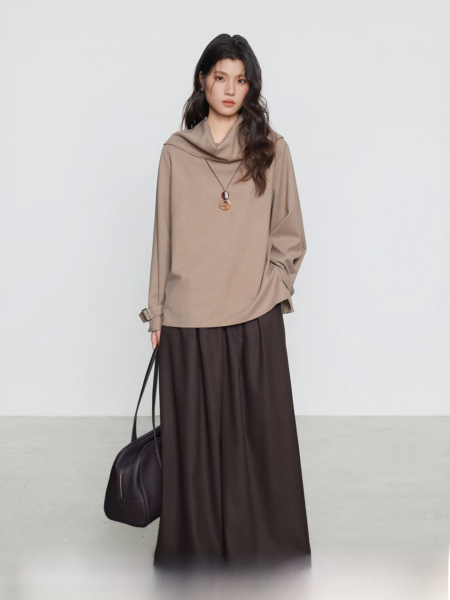 

KEARA High Waist Wide Leg Pants Women's Casual Floor Length Trousers Coffee Color Loose Fit Slimming Effect Breathable