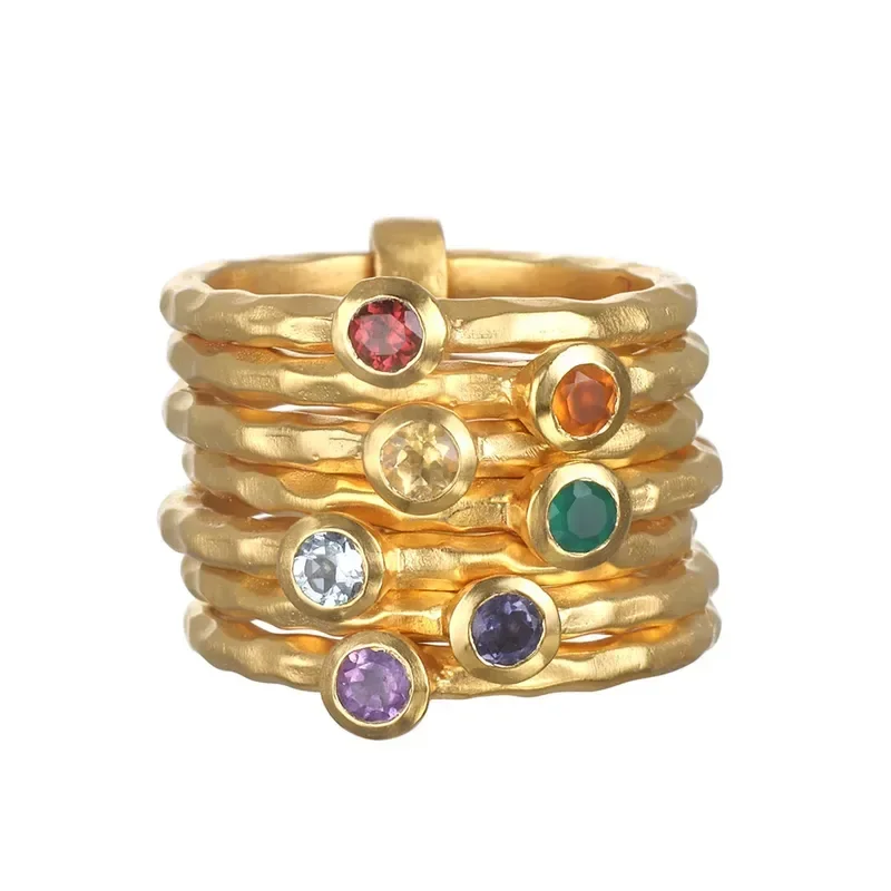 TUES Byzantium Style Semi-Precious Gemstone CZ Finger Band Ring For Women Greece Designer Hand Hammered Colorful Fine Jewelry