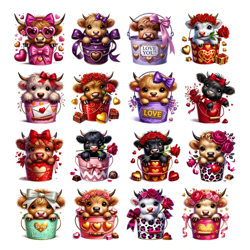 

Highland Cow love rose Iron On Patch Animal Flowers Decals Hoodies Tops Vinyl A-Level Washable Diy Thermal Press Thermal Patch