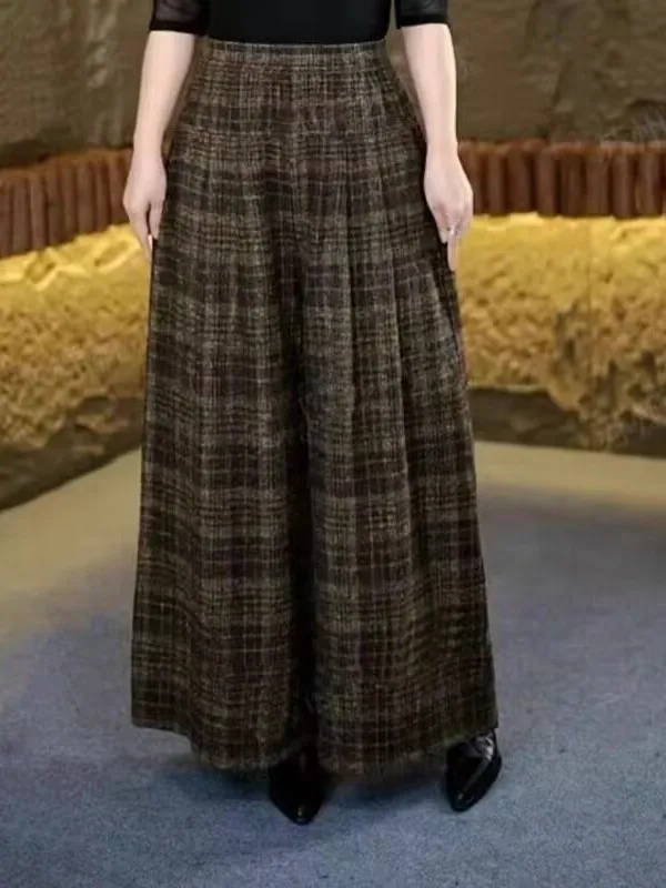 

Шерстяные широкие брюки в клетку контрастного цвета в стиле ретро, женские осенне-зимние новые свободные брюки с тонкой эластичной резинкой на талии, прямые повседневные длинные брюки...