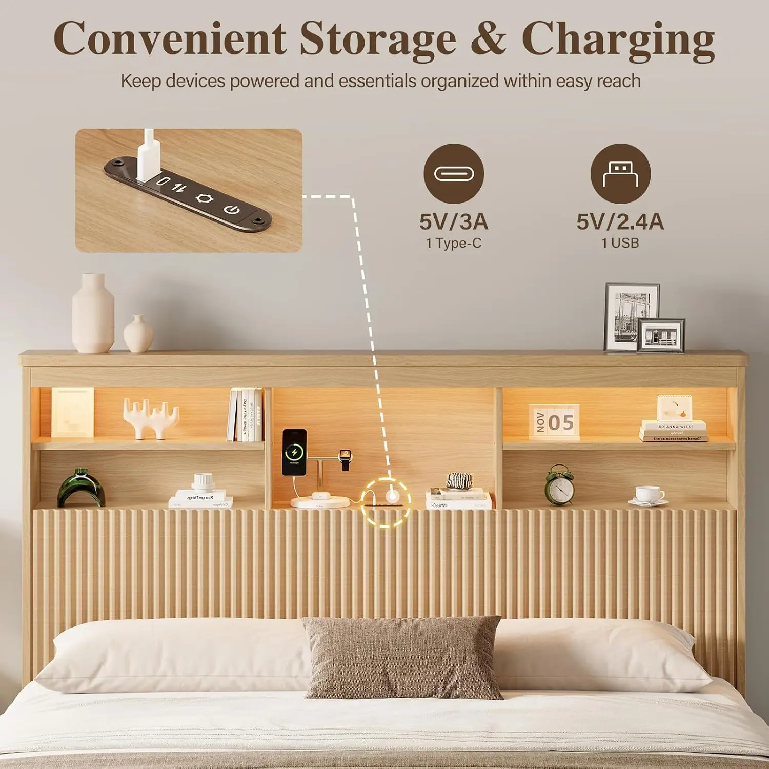 Queen Size Bed Frame with 4 Storage Drawers, Natural | Metal Platform Bed Frame with Tall Headboard, Queen Bed Frame with LED Li - view 5
