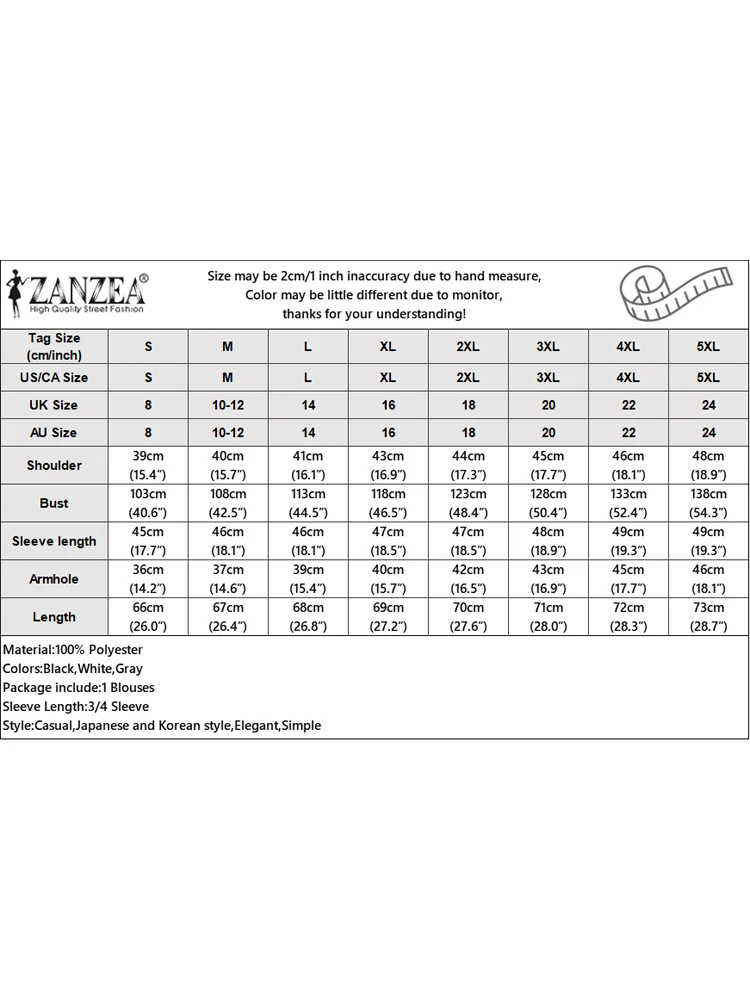 ZANZEA 여성용 블라우스 2024, 3/4 소매 러플 밑단 튜닉 탑, 캐주얼 O-넥 루즈 단색 셔츠, 우아한 블라우스, 가을 패션