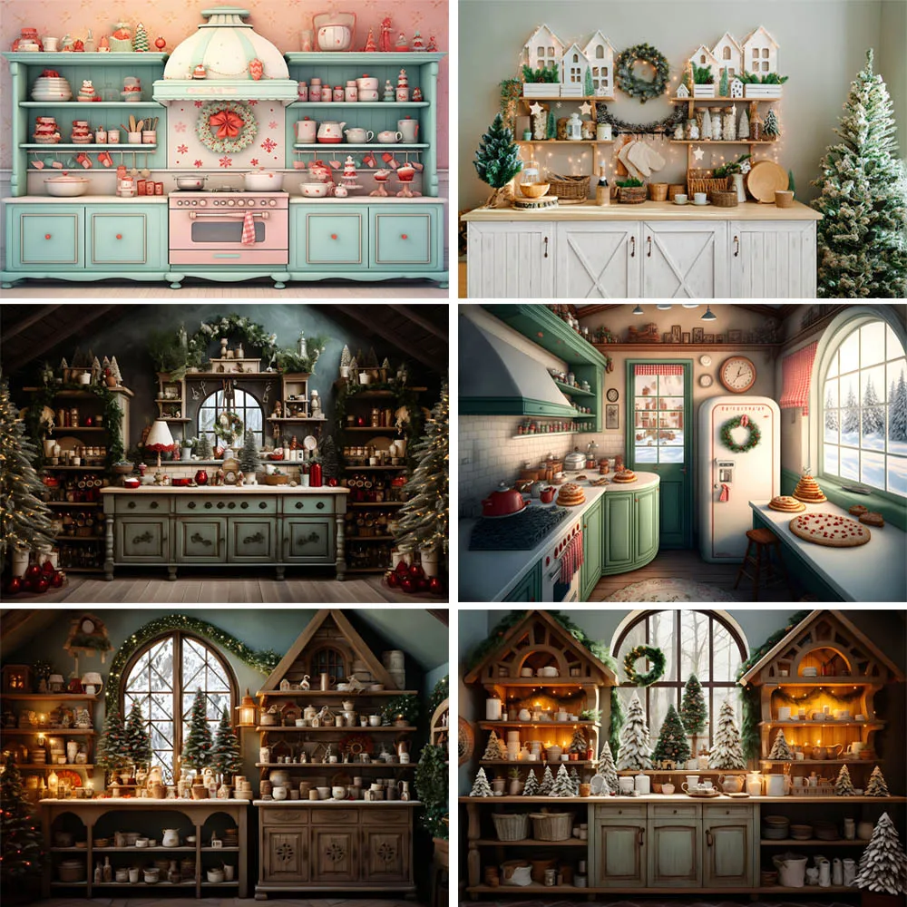 Christmas Modern Kitchen Photography Backdrops Winter Indoor Cooking Kids Portrait Cake Smash Background Xmas Tableware Props