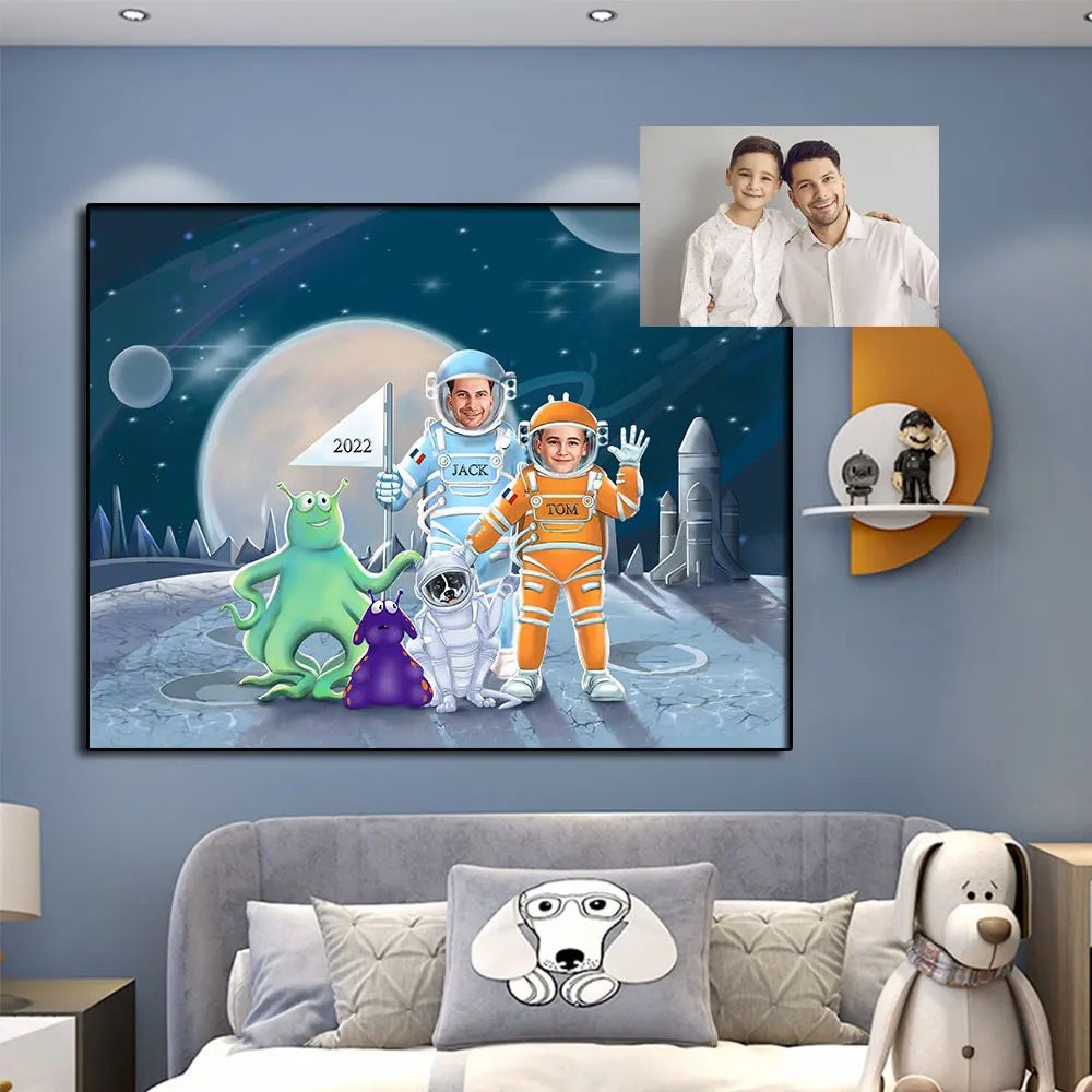 

2 People Custom Personalized Astronaut Customized Canvas Printing Poster For Room Decoration Picture Wall Art Christmas Gifts