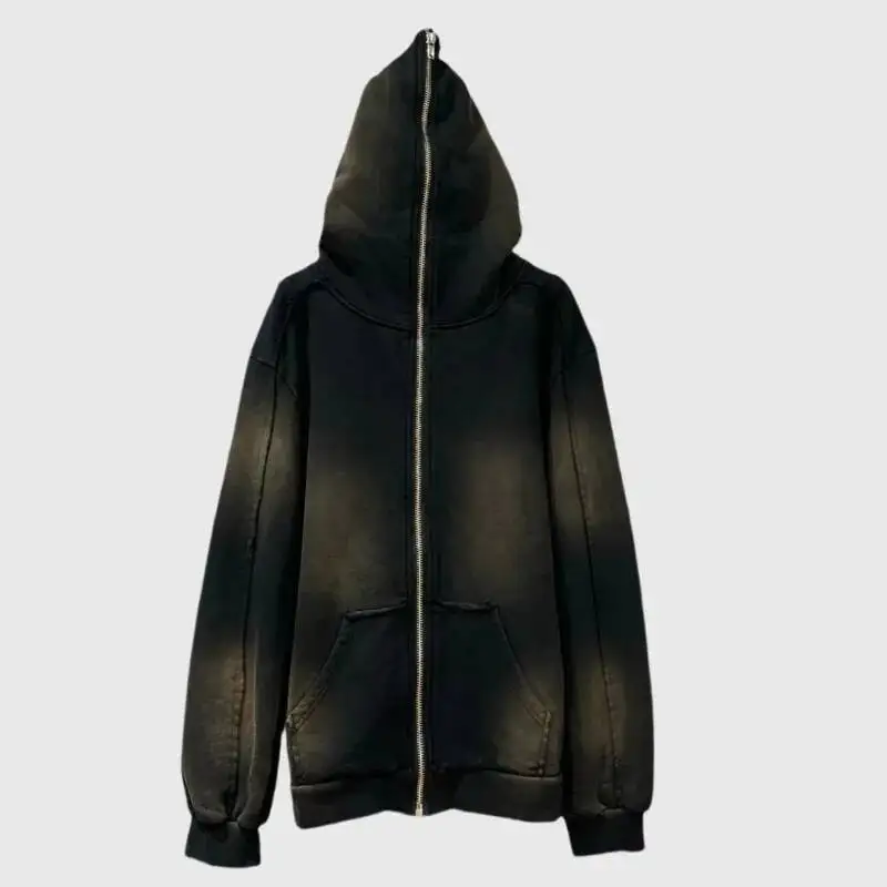 HKSH Autumn Winter New Women Sweatshirt Washed Tie-Dye Distressed Zipper Hooded Pocket Streetwear Vintage Stylish Jacket HK11019