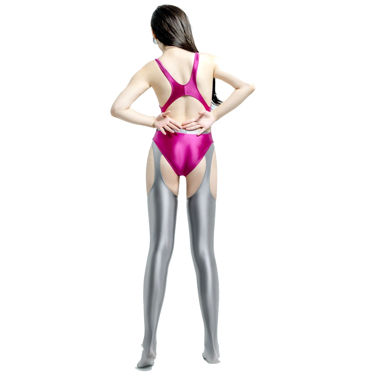 MJINM Women Shiny Gossy Spandex Elastic Four-side Hollow-out Leggings Open-Croth Front Suspenders Pantyhose Yoga Gymnastic Pants