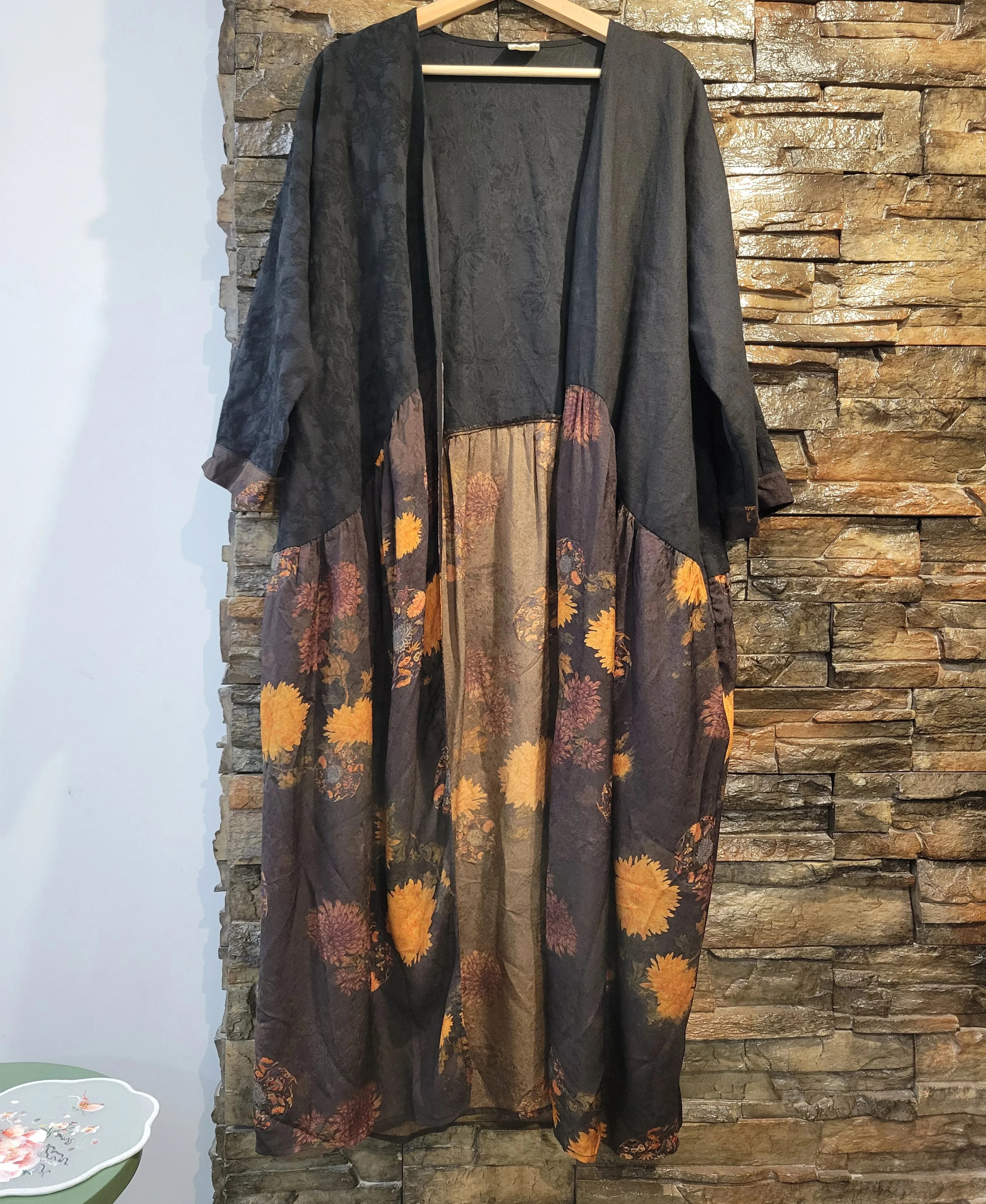 

New women cardigan black jacquard tops cotton linen patchwork vintage floral long coat muslim women's clothing