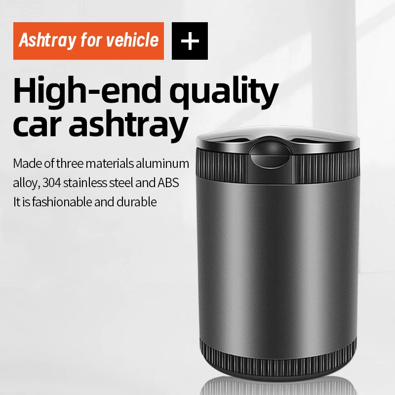 Metal Car Ashtray With Lid LED Light Portable Alloy Stainless Steel Inner Liner High Flame Retardant For Cigars And Cigarettes