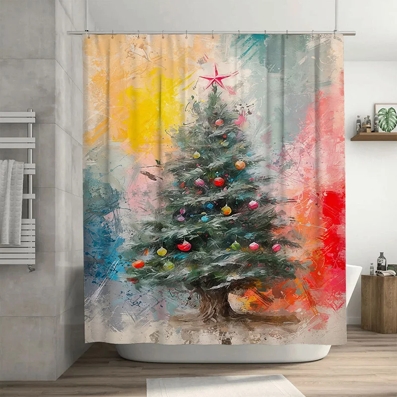 

Tuniu Festive Christmas Tree Shower Curtain Set Waterproof Holiday Decor Farmhouse Style Fun XMAS Bathroom Backdrop Cute Holiday