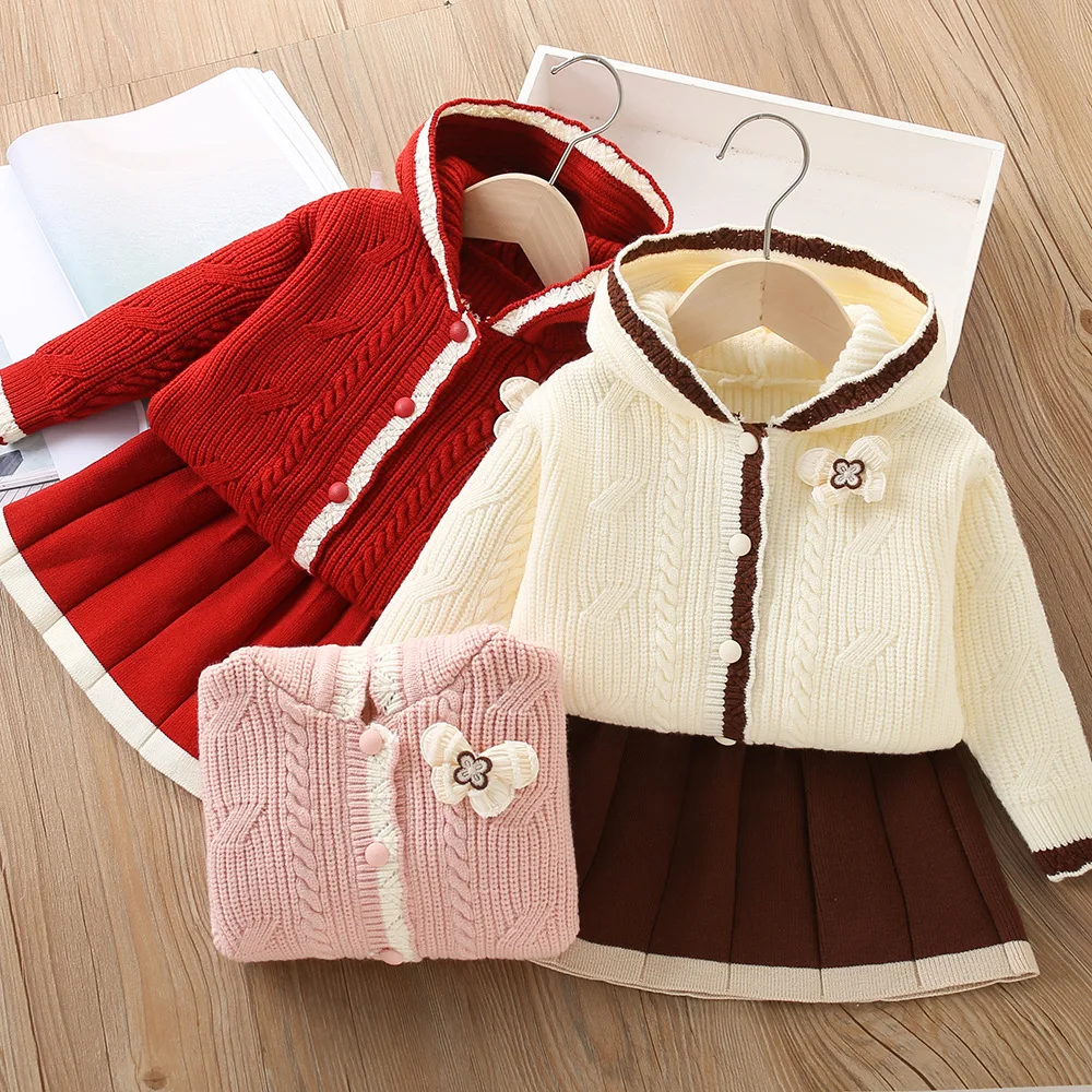 Spring Autumn Children Girls 2PCS Knitted Set Patchwork Butterfly Hooded Kid Girls Sweater Toddler Girls Pleated Skirt Warm Suit