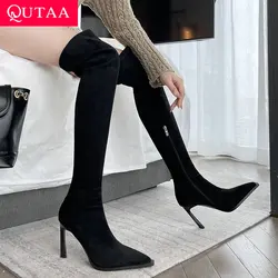 QUTAA 2024 Women Over The Knee Boots Autumn Winter Pointed Toe Zipper Slim Tight Long Boots Party Shoes Woman Size 34-39