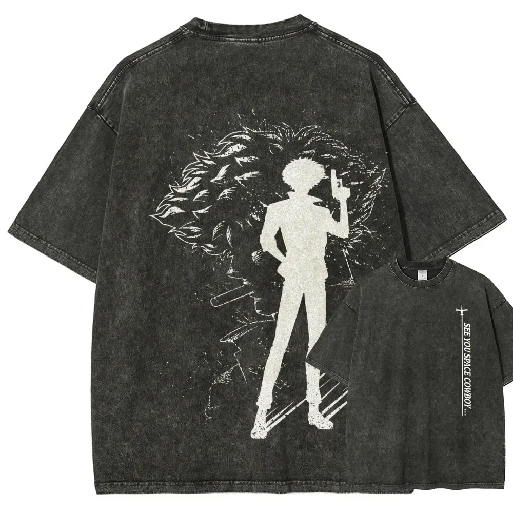 Spike Spiegel Print T-shirt Anime Cowboy Bebop Clothing Men Women Cotton Tshirts Retro Washed T Shirt Harajuku Oversized Tops