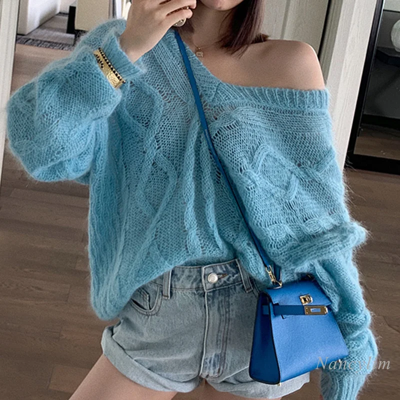 Loose and Lazy Mohair Sweater Women\'s Medium Length 2024 Autumn Blue Hollow Knitted Sweater Off-shoulder Top Early Autumn Pull