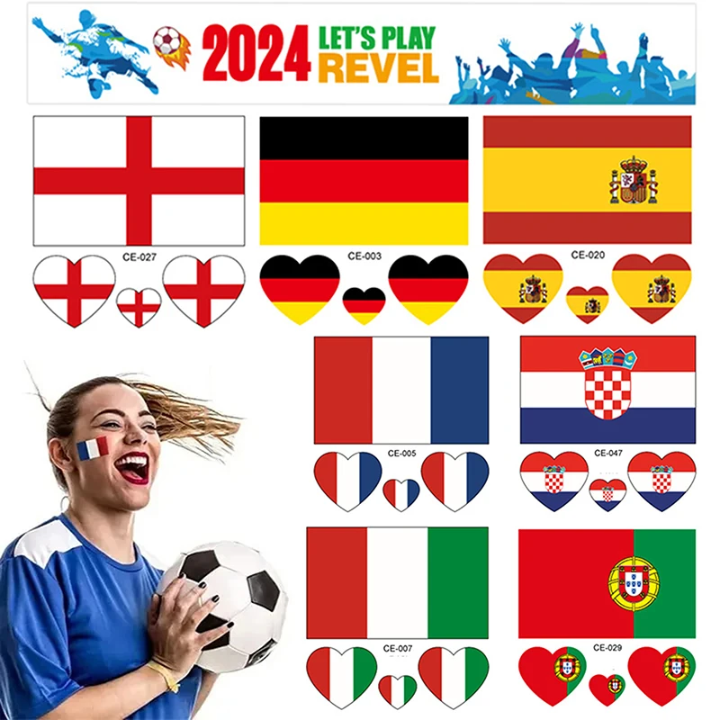 10 Sheets 2024 European Cup Flag Temporary Tattoos National Flag Face Stickers Waterproof Arm Stickers Germany Football Fan Gift