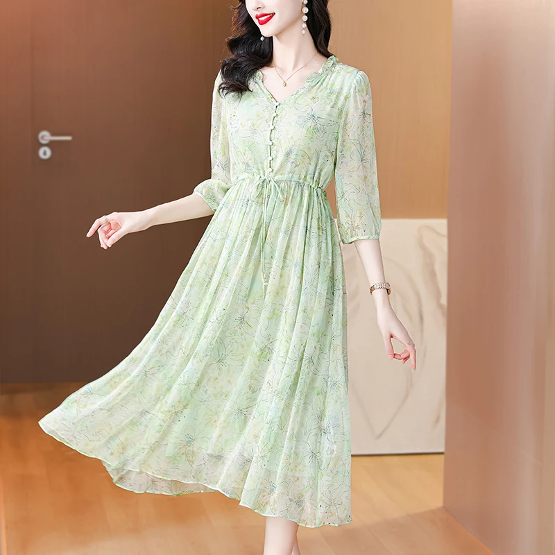 

2024 Summer Floral Silk Beach Midi Sundress Women Boho Fashion Casual Light Dress Spring Korean Elegant Luxury Festival Vestidos