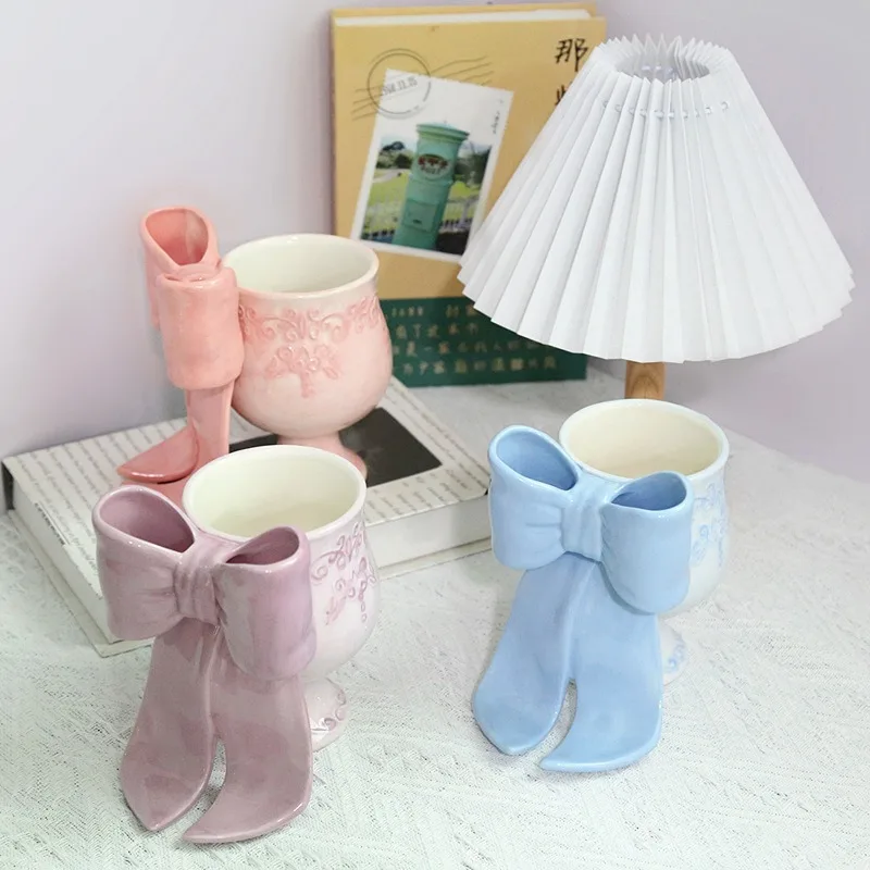 Bow mug birthday gift coffee cup embossed ceramic cup household souvenir