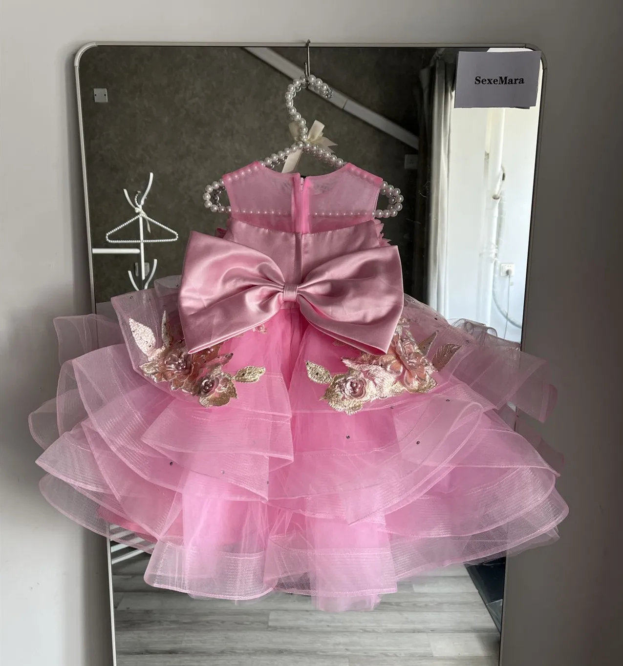 Abiti da bambina con fiori in pizzo rosa 3D abiti da ballo con scollo a barchetta abiti da festa per il primo compleanno abiti da spettacolo per ragazze