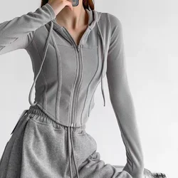 Women Zipper Drawstring Hooded Coat Long Sleeve Irregular Cropped Top Slim Y2K Streetwear Hoodies T-shirt Spring Summer