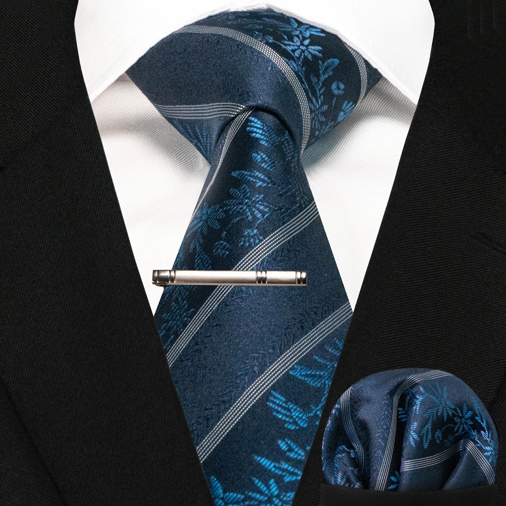 JEMYGINS Business-Krawatte für Herren, Seidenkrawatte in Marineblau, gestreifte Paisley-Krawatte, Einstecktuch, Krawattenklammern, Set für Hochzeit, Party, Geschenk – Detail 26