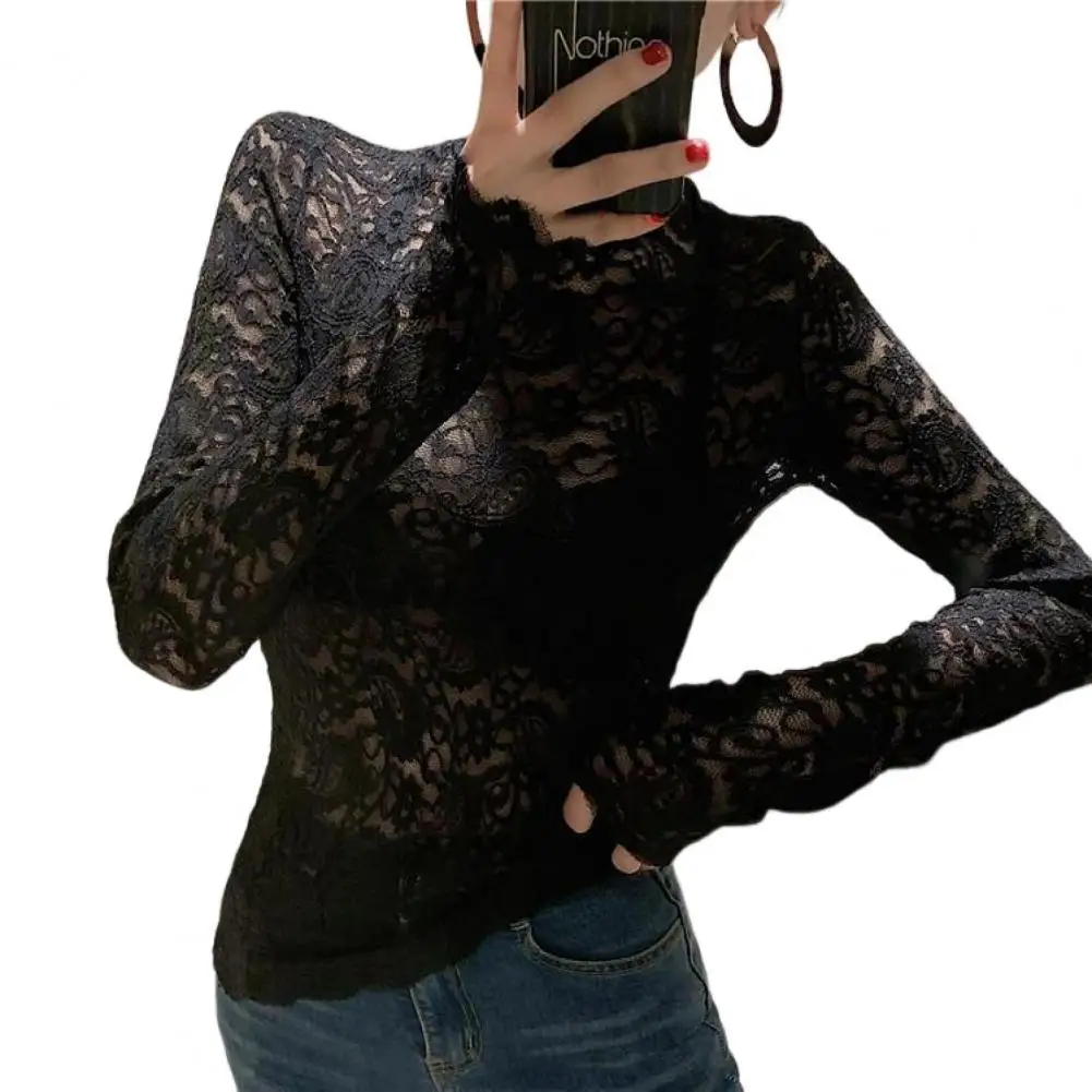 

Women Blouse Turtleneck Long Sleeves Perspective Thin Bottoming Top Women Embroidery Floral Crochet Lace Hollow Top