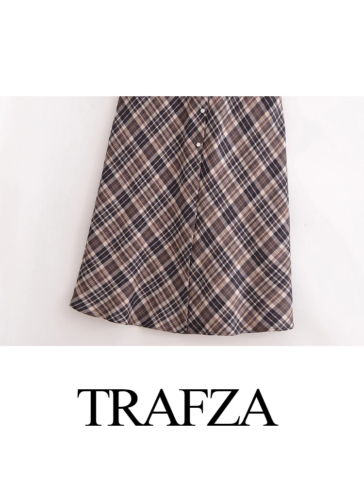 TRAFZA Abito da donna a maniche lunghe monopetto scozzese decorato con tasca vintage alla moda Abito femminile elegante e sottile alla caviglia